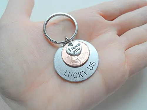 Custom Engraved Steel Disc Keychain with Penny & I Love You Heart Charm, Anniversary Husband Wife Key Chain, Boyfriend Girlfriend Customized Couples Keychain