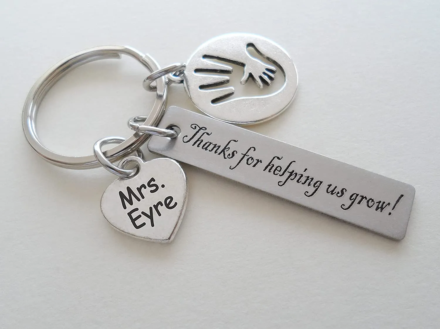 Custom Engraved Teacher Keychain with Hand Charm; Teacher Appreciation Gift