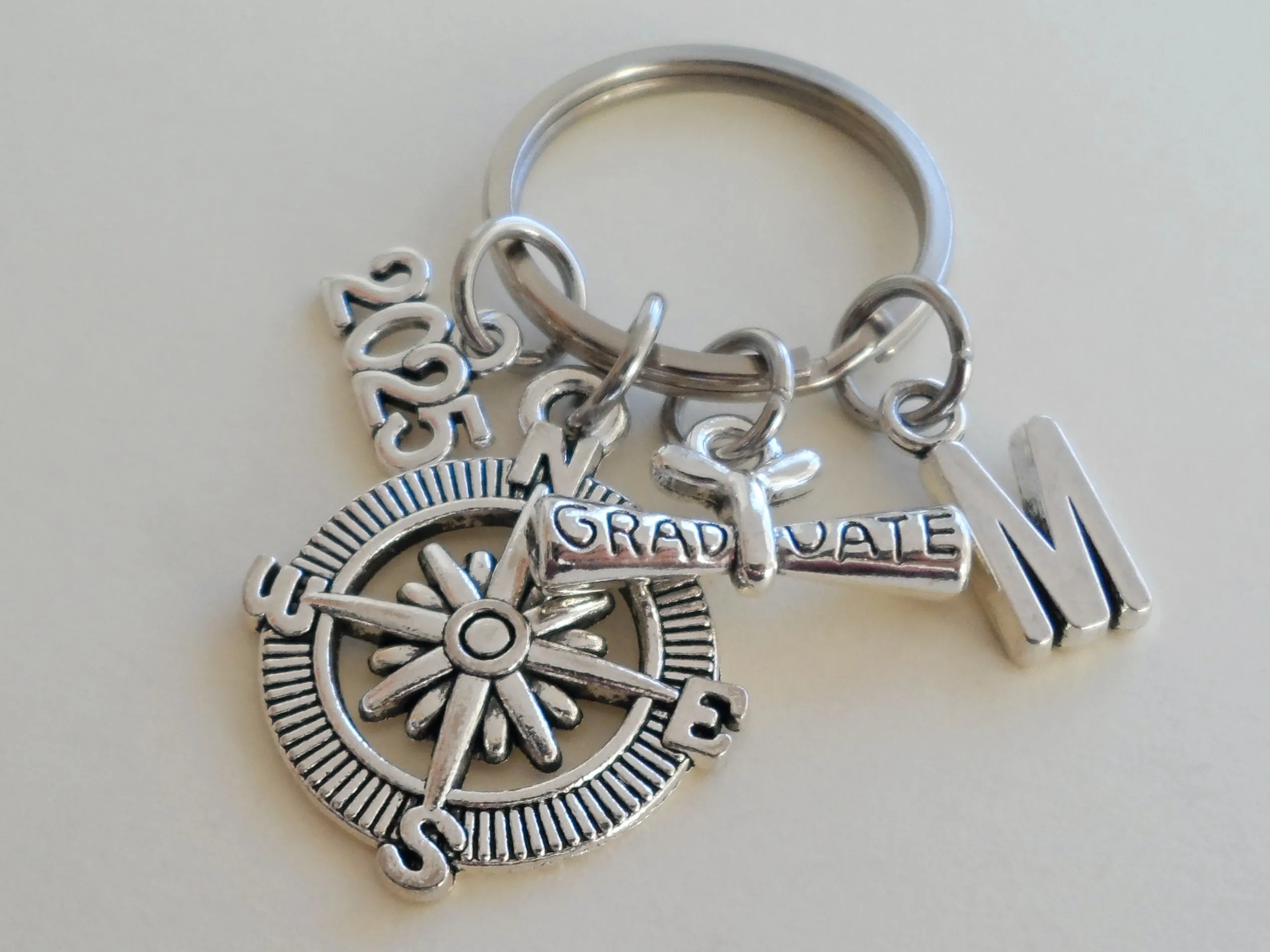 Custom Graduation Compass Charm Keychain with 2025 Charm & Graduate Scroll Charm, Class of 2025 Personalized Initial Option, For Graduate Keychain Gift