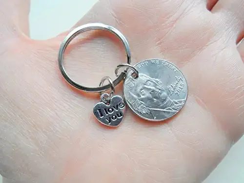 Custom Nickel Keychain with I Love You Heart Charm, Year Anniversary Gift, Husband Wife Key Chain, Boyfriend Girlfriend Gift, Customized Couples Keychain