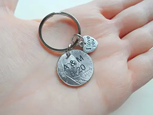 Custom Nickel Keychain with I Love You Heart Charm, Year Anniversary Gift, Husband Wife Key Chain, Boyfriend Girlfriend Gift, Customized Couples Keychain