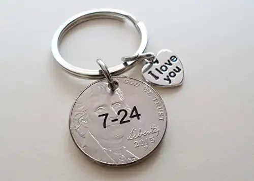 Custom Nickel Keychain with I Love You Heart Charm, Year Anniversary Gift, Husband Wife Key Chain, Boyfriend Girlfriend Gift, Customized Couples Keychain