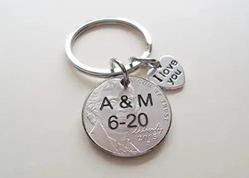 Custom Nickel Keychain with I Love You Heart Charm, Year Anniversary Gift, Husband Wife Key Chain, Boyfriend Girlfriend Gift, Customized Couples Keychain