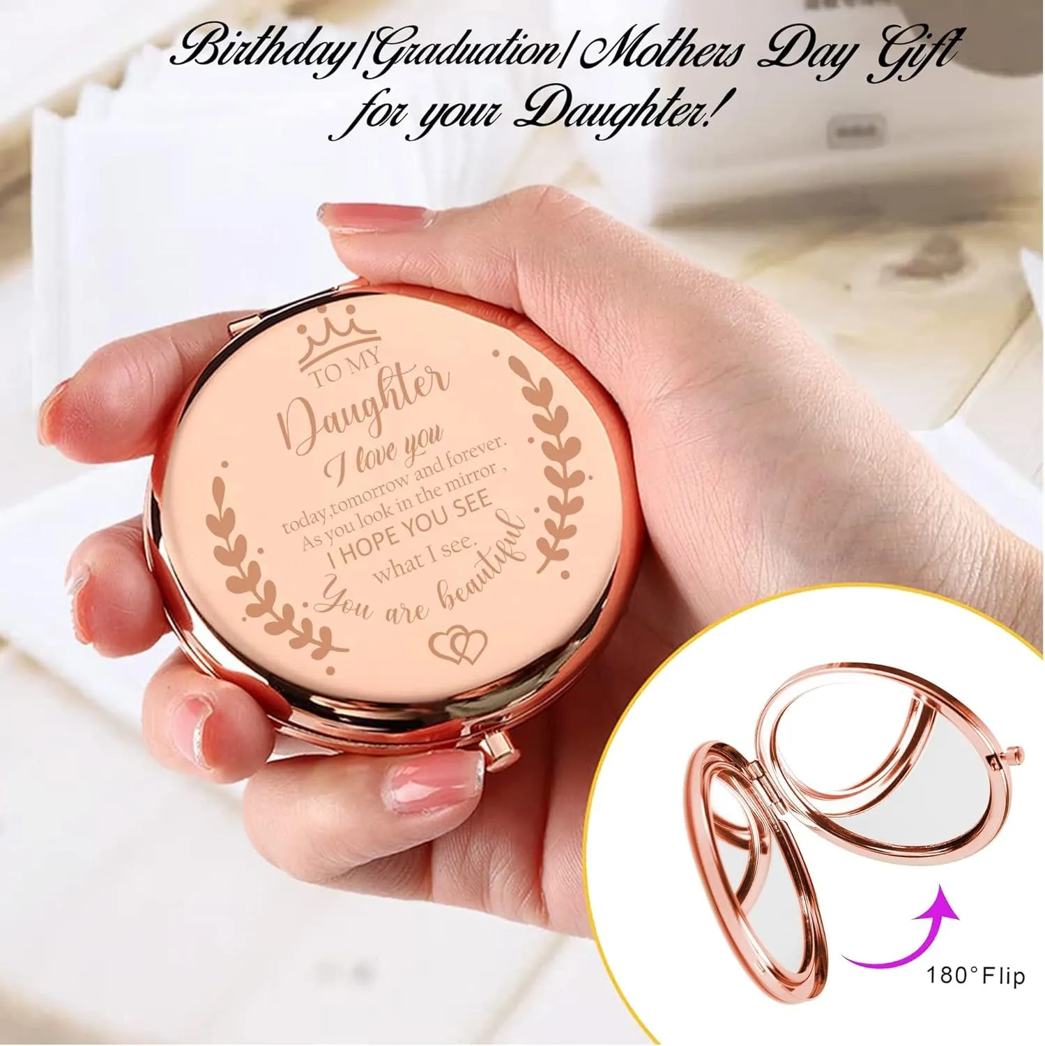 Daughter Gift from Mom, Birthday Gifts for Daughter Adult, Gifts for Daughters from Mothers, Daughter Wedding Gift from Mom to My Daughter Makeup Compact Mirror