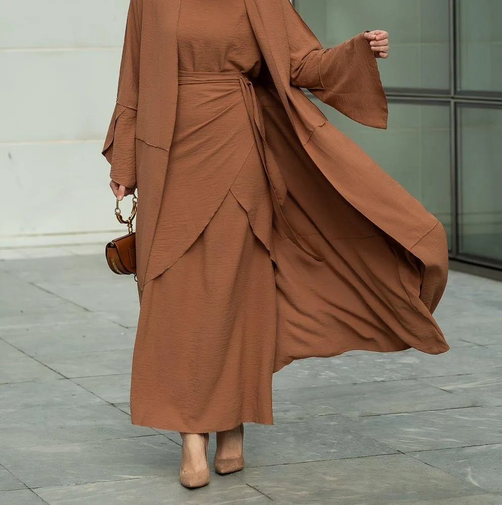 Deluna three piece maxi lightweight abaya in rustic brown