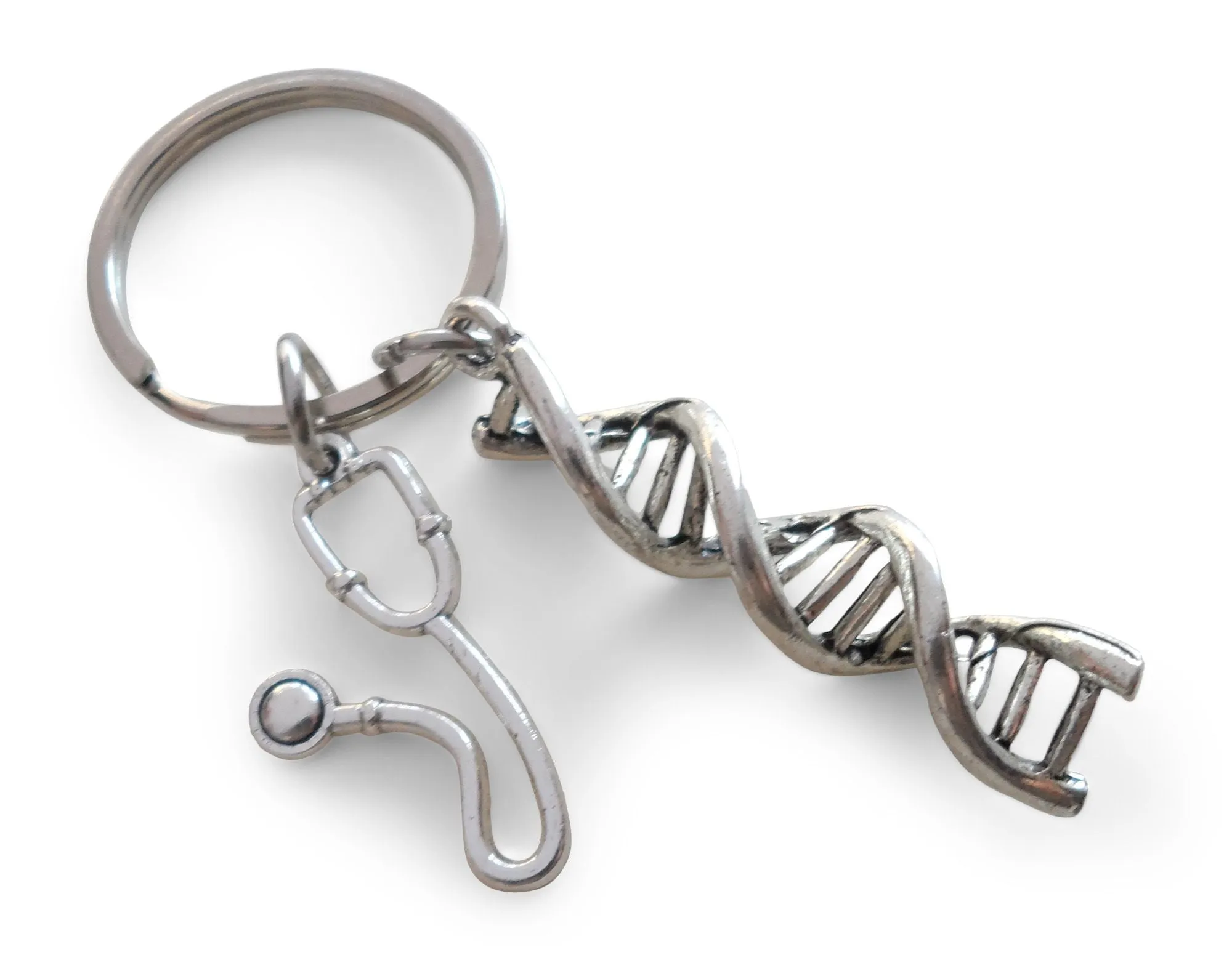 DNA Molecule Double Helix & Stethoscope Charm Keychain, Medical Geneticists Keychain, Science Keychain