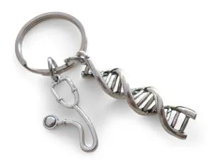 DNA Molecule Double Helix & Stethoscope Charm Keychain, Medical Geneticists Keychain, Science Keychain