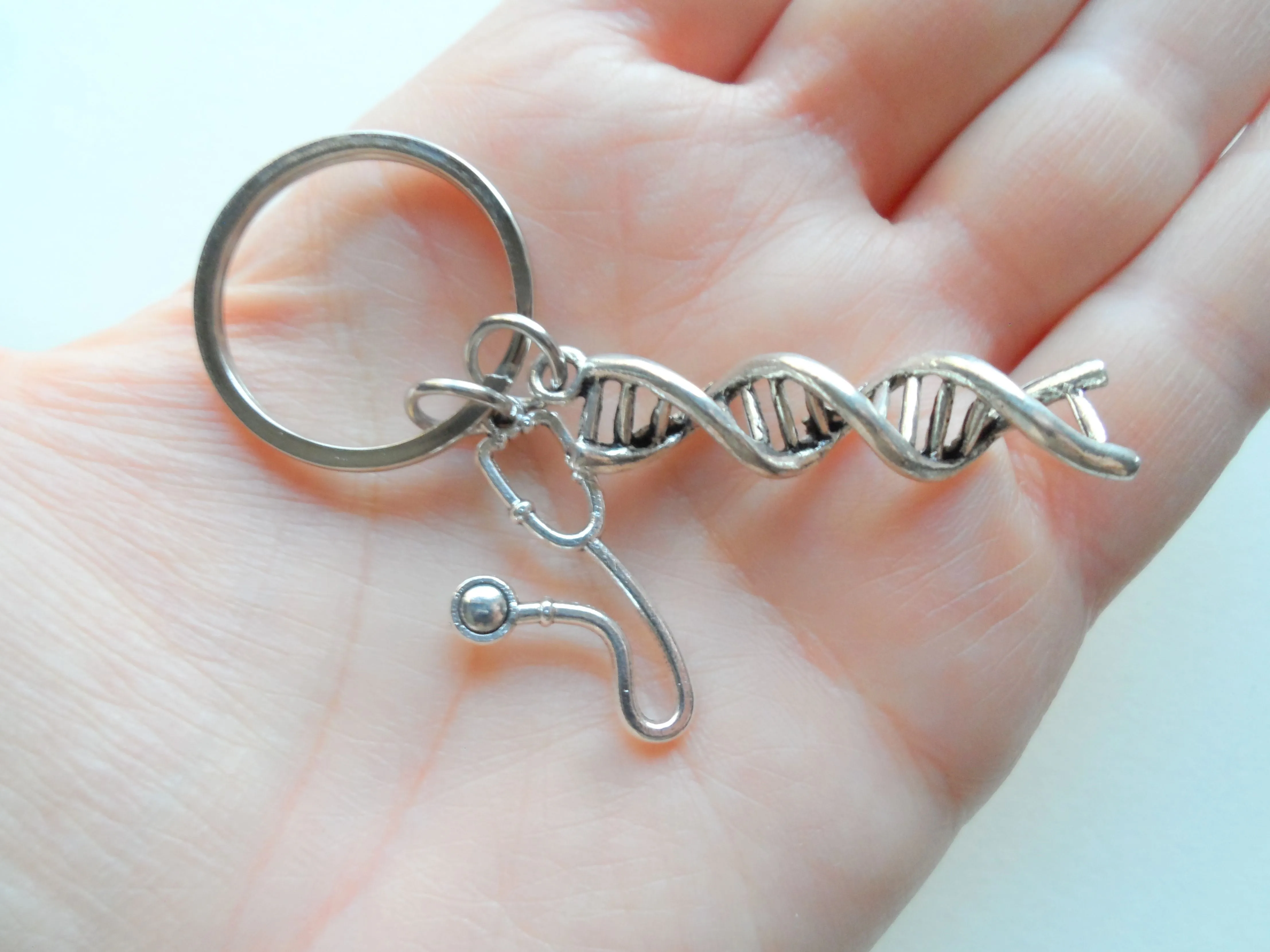 DNA Molecule Double Helix & Stethoscope Charm Keychain, Medical Geneticists Keychain, Science Keychain