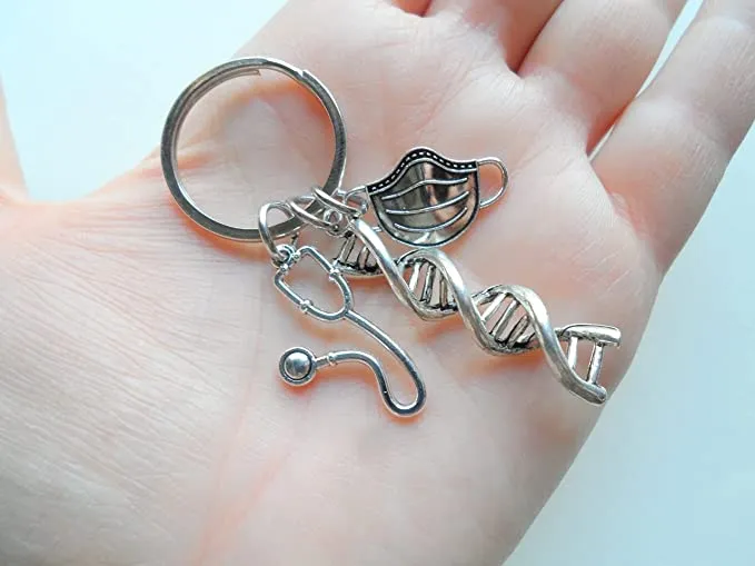 DNA Molecule Double Helix, Mask & Stethoscope Charm Keychain, Medical Geneticists Keychain, Science Keychain