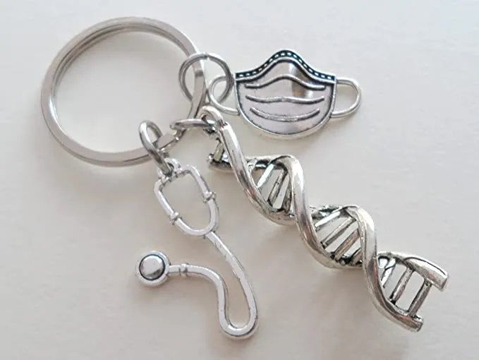 DNA Molecule Double Helix, Mask & Stethoscope Charm Keychain, Medical Geneticists Keychain, Science Keychain