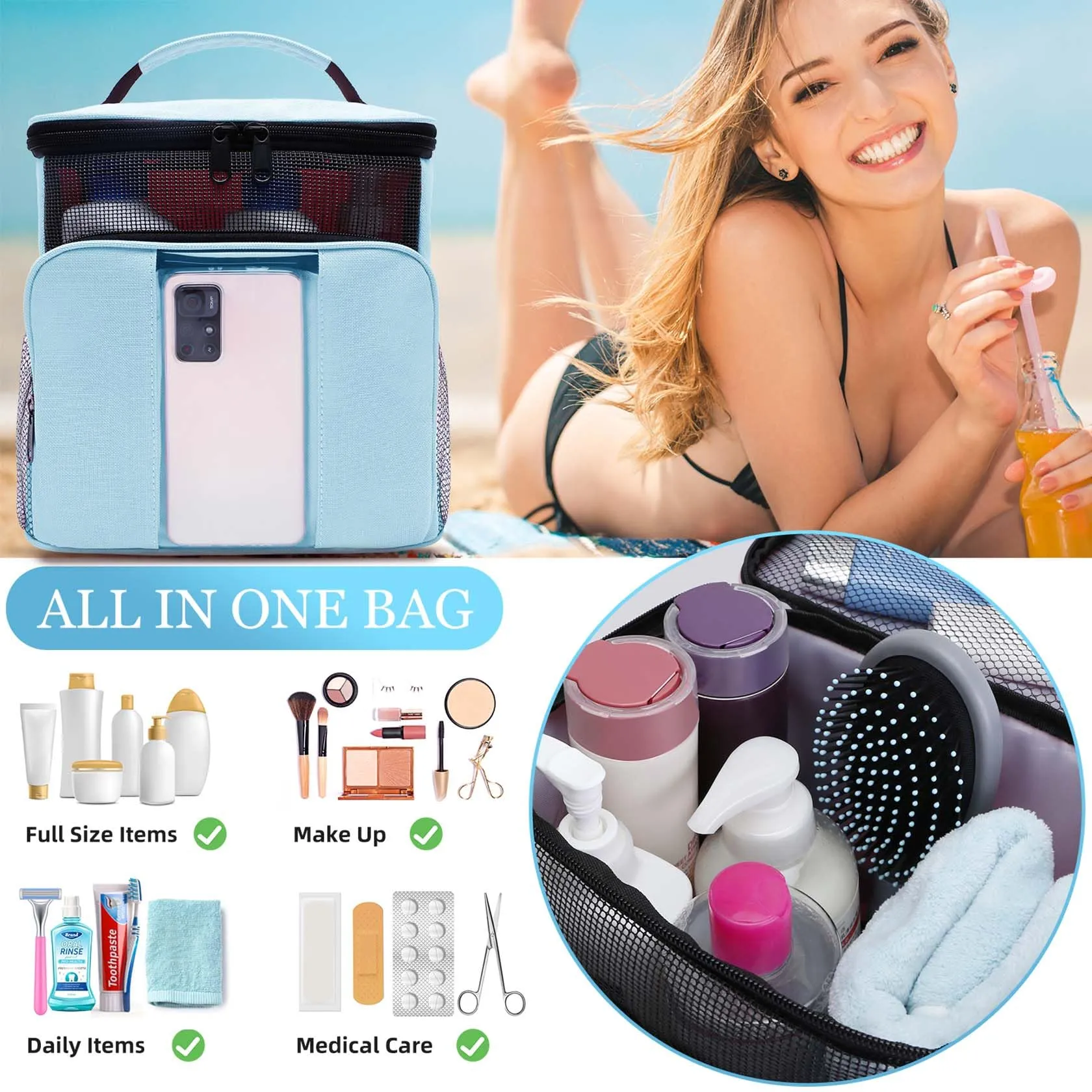 Dorm Room Essentials for College Students Girls Boys Guys, Toiletry Bag for Full Sized Toiletries, Mesh Shower Caddy Portable for Camping,Travel Essentials Hanging Toiletry Bags for Traveling Women