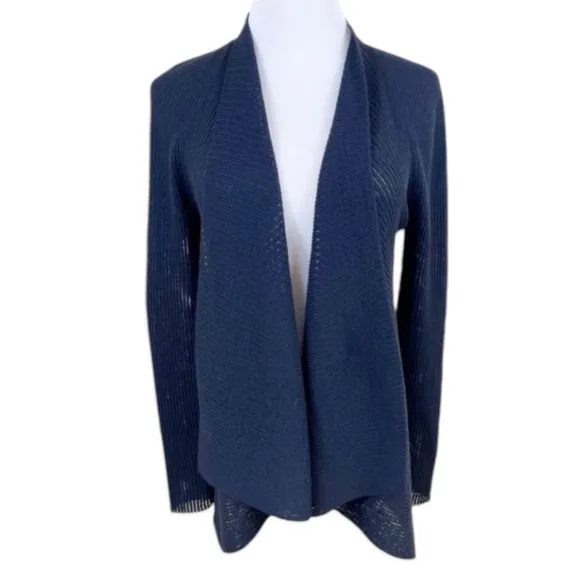 Eileen Fisher 100% Wool Waterfall Cardigan Ribbed Lightweight Black Corpcore