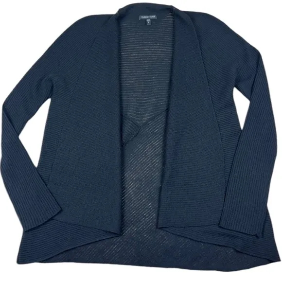 Eileen Fisher 100% Wool Waterfall Cardigan Ribbed Lightweight Black Corpcore