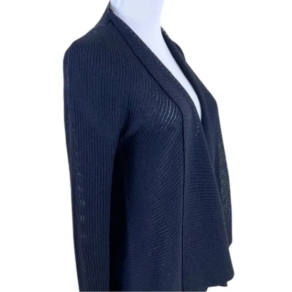 Eileen Fisher 100% Wool Waterfall Cardigan Ribbed Lightweight Black Corpcore