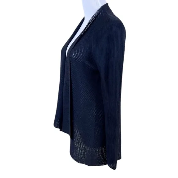 Eileen Fisher 100% Wool Waterfall Cardigan Ribbed Lightweight Black Corpcore