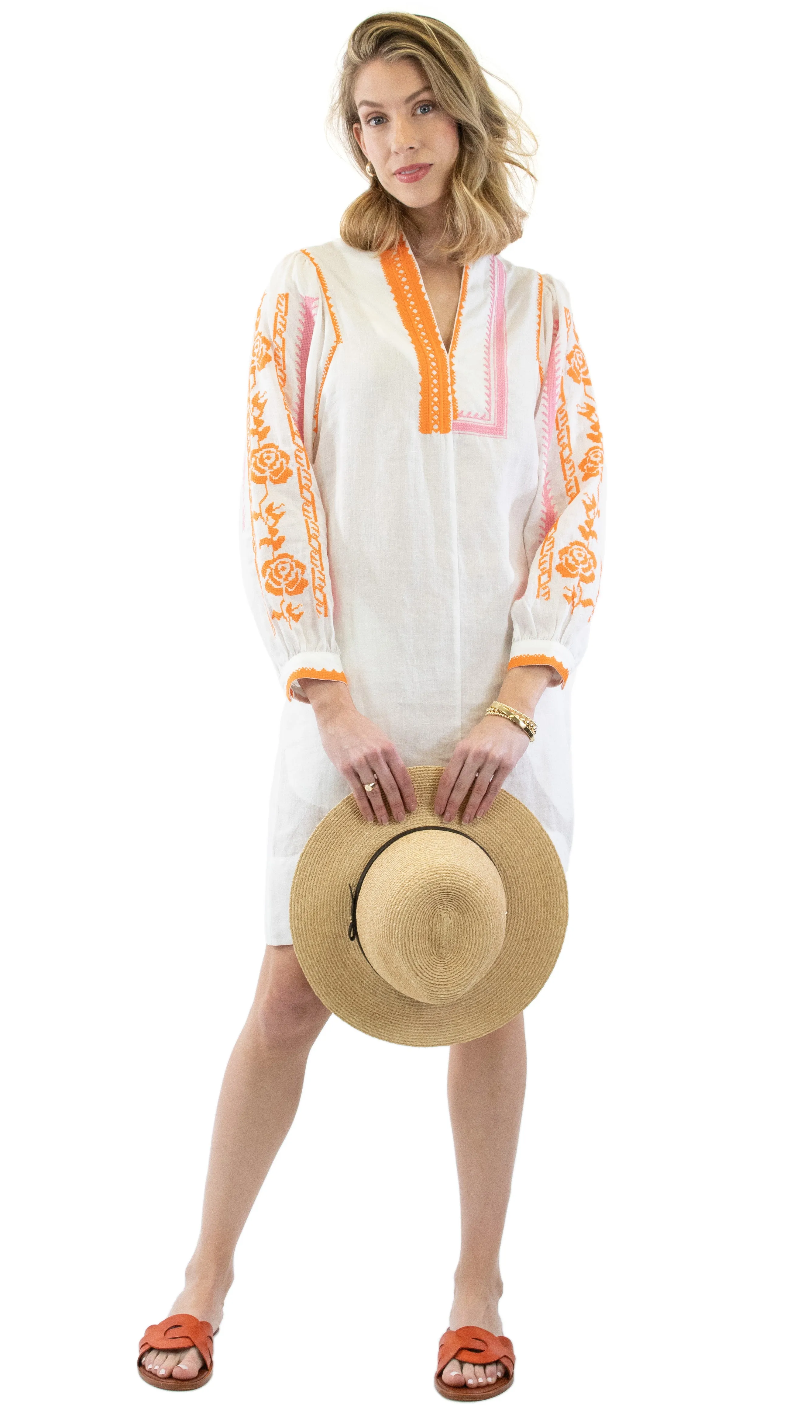 Embroidered Dress - White / Orange and Pink