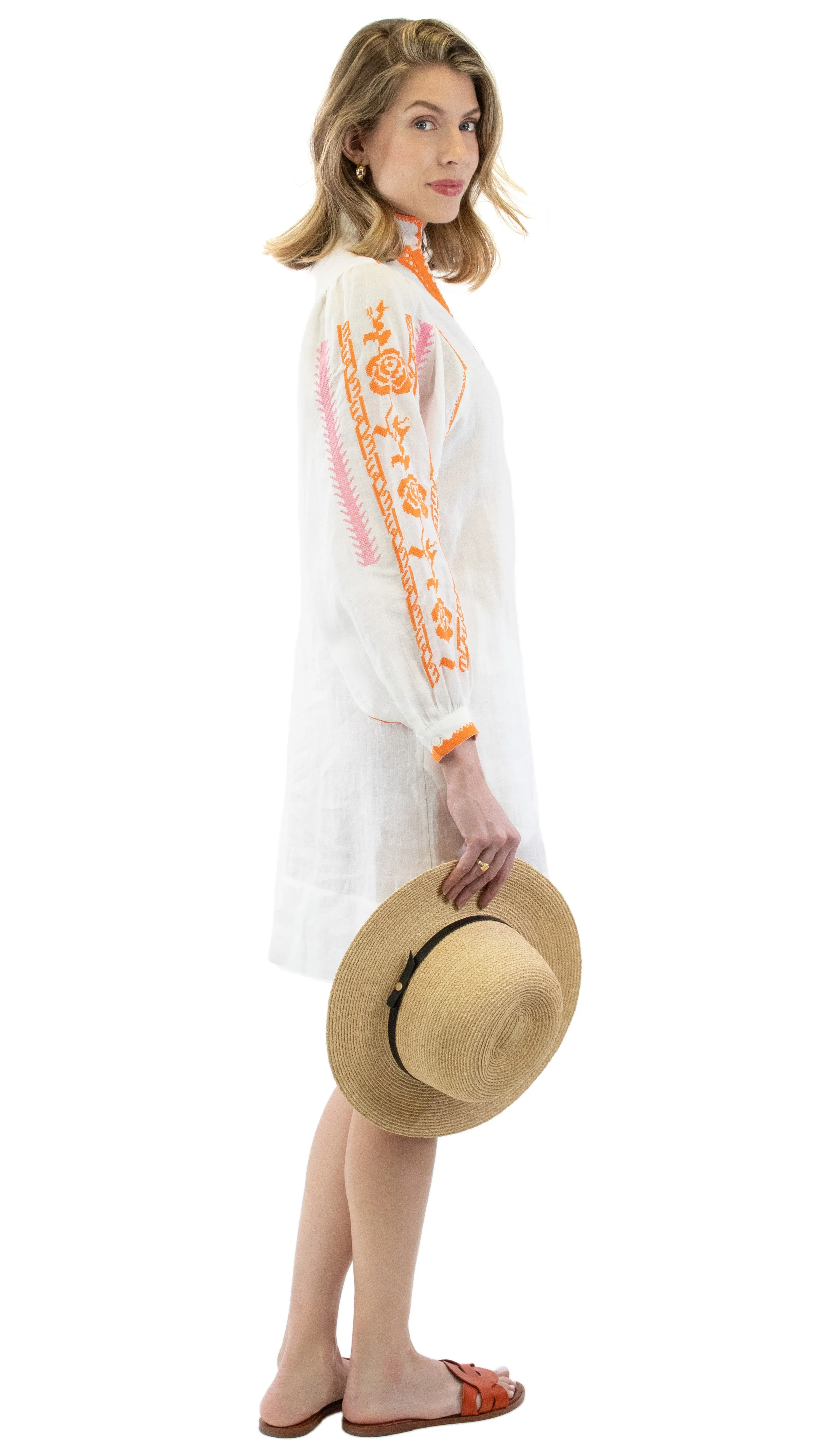 Embroidered Dress - White / Orange and Pink