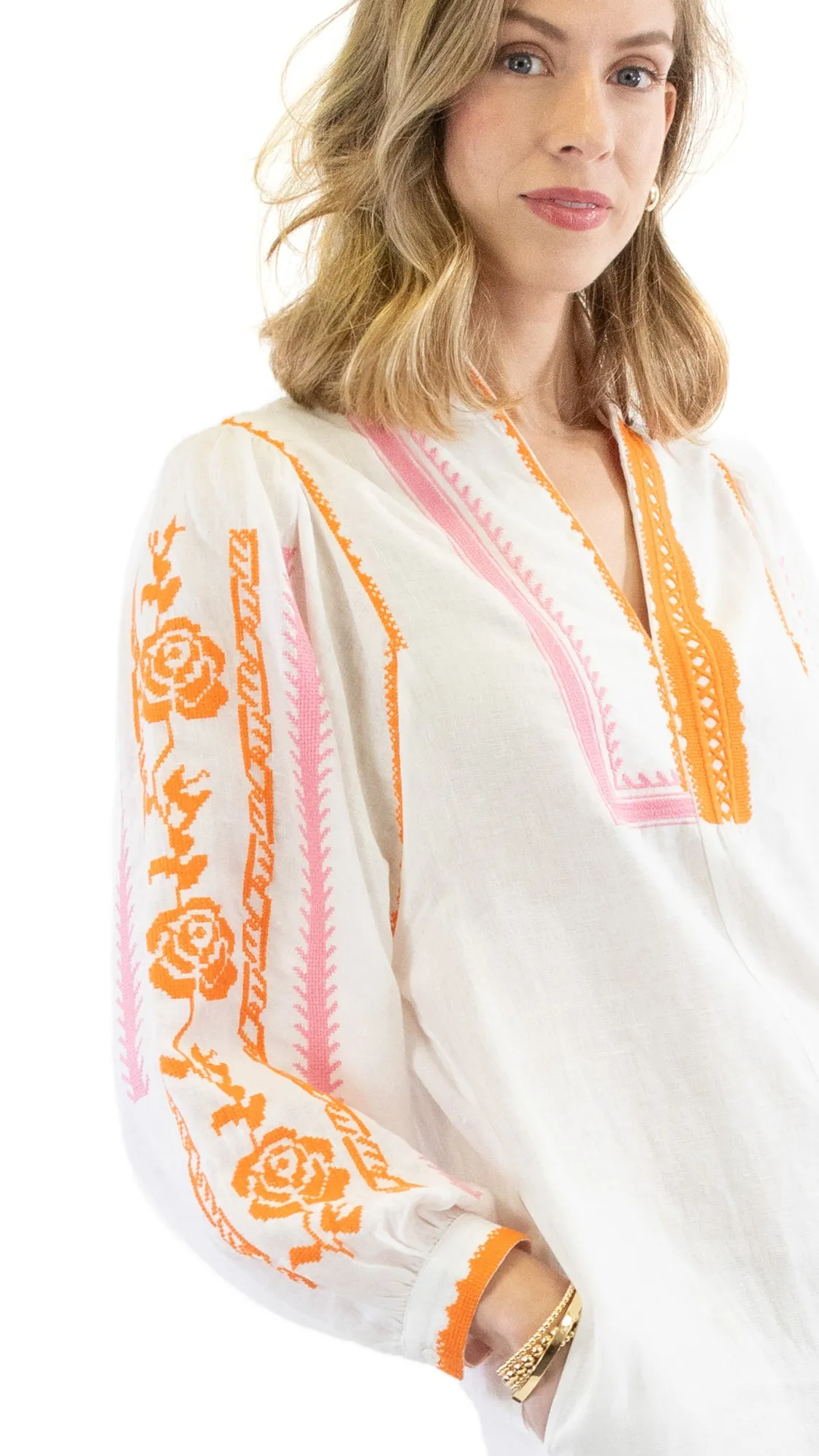 Embroidered Dress - White / Orange and Pink