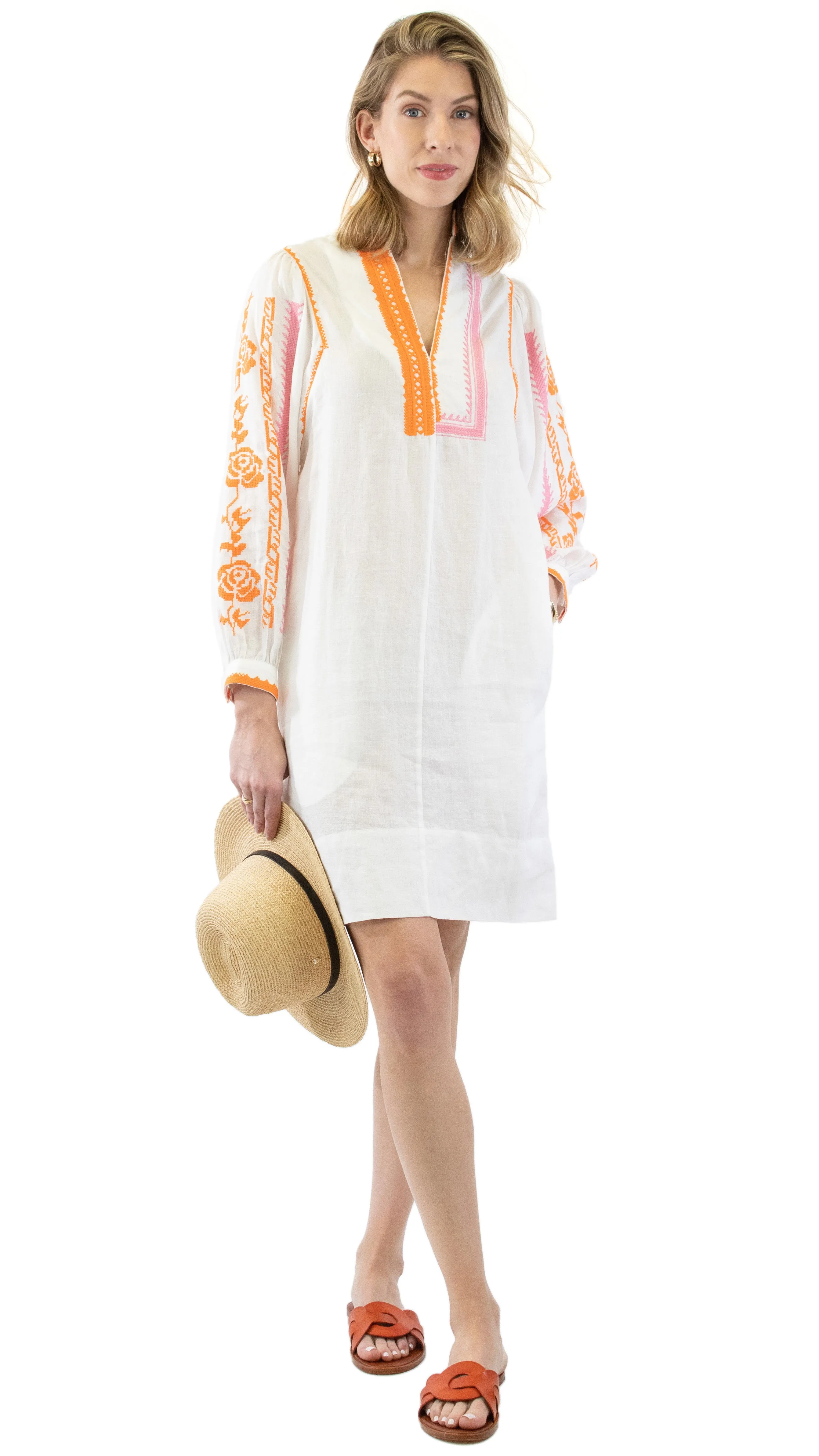 Embroidered Dress - White / Orange and Pink