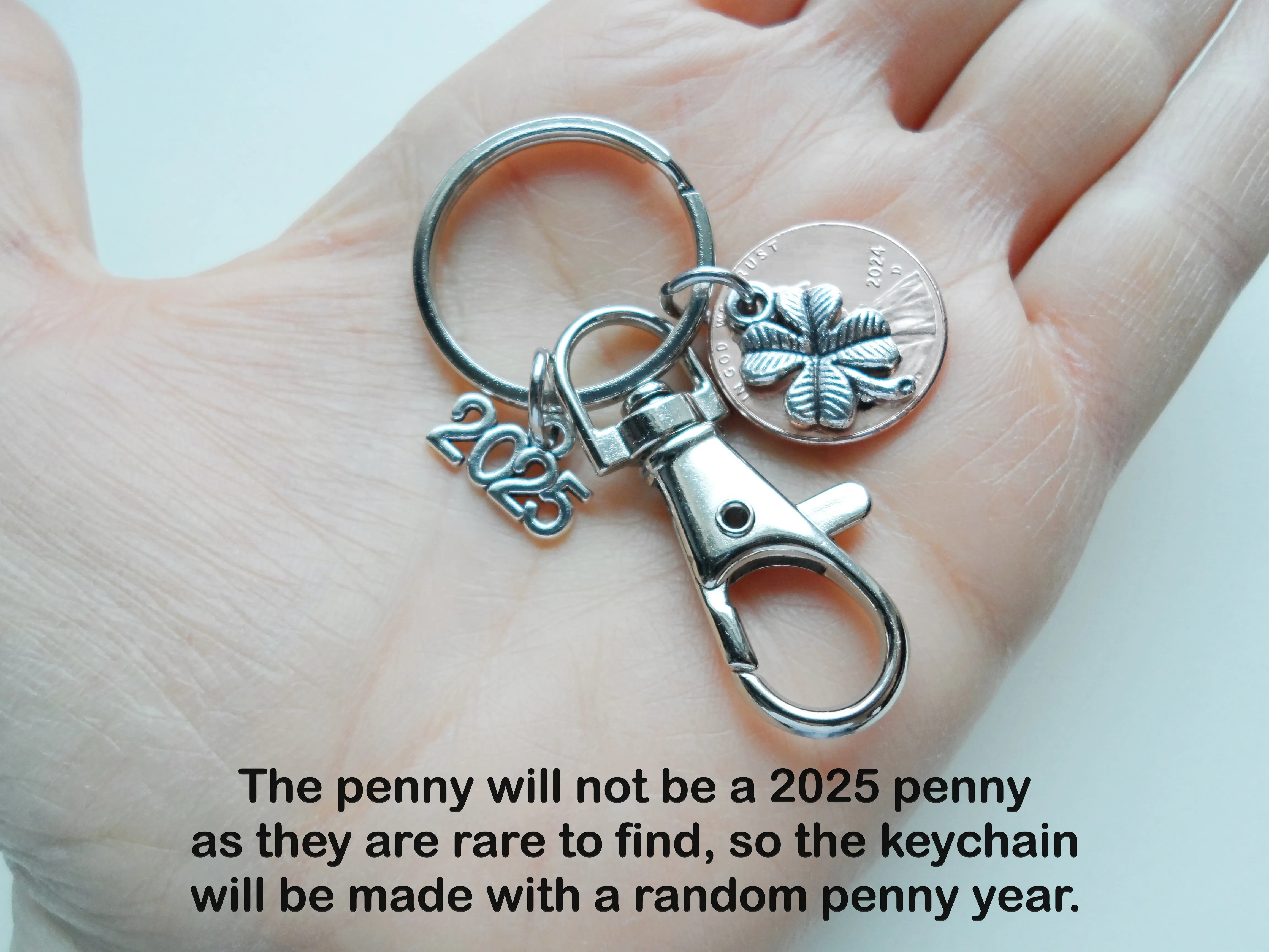 Employee Appreciation Keychain with Clover Charm Layered Over Penny with 2025 Charm & Clasp, Lucky to work with you!