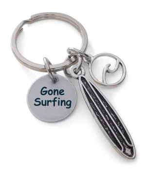 Engraved Gone Surfing Tag and Surfboard & Wave Charm Keychain for Surfer, Couples or Best Friends, Anniversary Gift Keychain