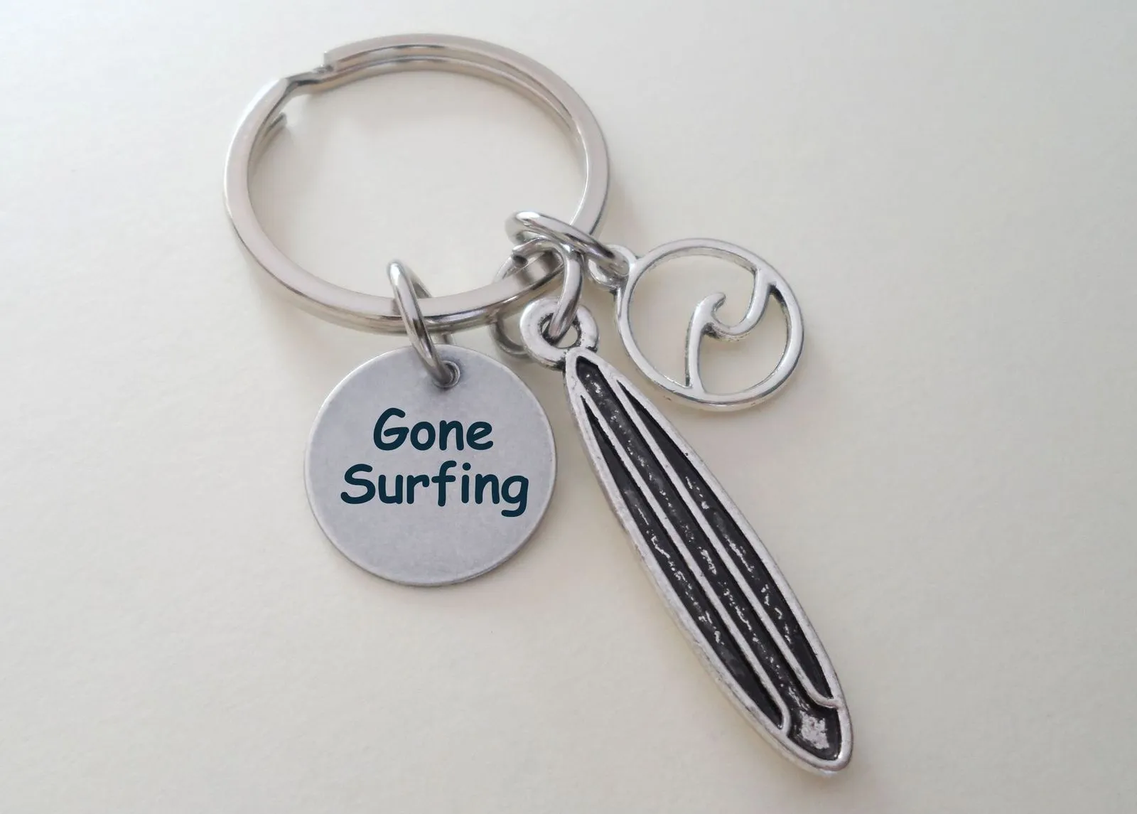 Engraved Gone Surfing Tag and Surfboard & Wave Charm Keychain for Surfer, Couples or Best Friends, Anniversary Gift Keychain
