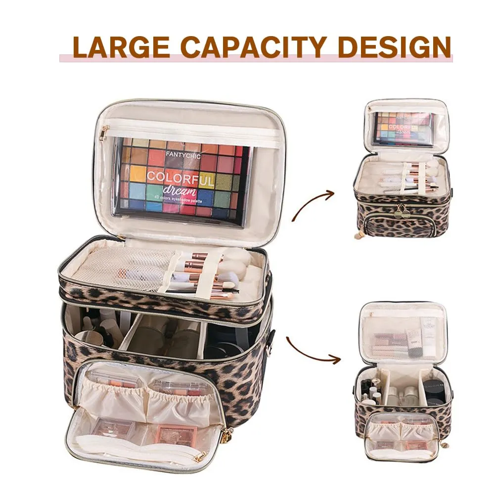FITINI Double Layer Travel Leopard Makeup Bag,Extra Large Women Cosmetic Organizer Case,Skin Care Essentials Toiletries Bags with Shoulder Strap Waterproof Brush Storage with Removable Dividers
