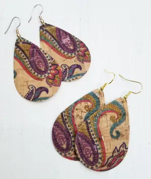 Floral Paisley Print Cork Teardrop Earrings