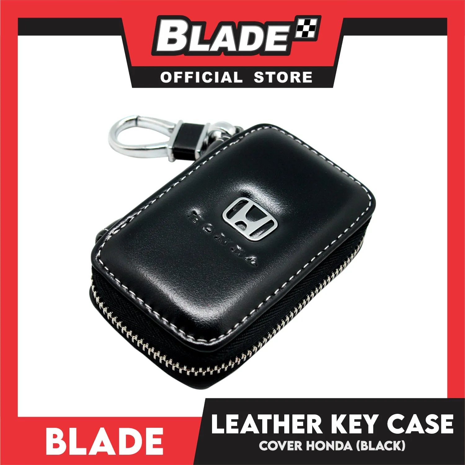 Genuine Leather Key Cover for Honda (Black) Key Case Car Key Holder Wallet with Metal Hook