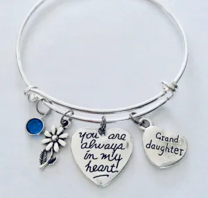 Granddaughter You Are Always in My Heart Silver Expandable Charm Bracelet One Size Fits All