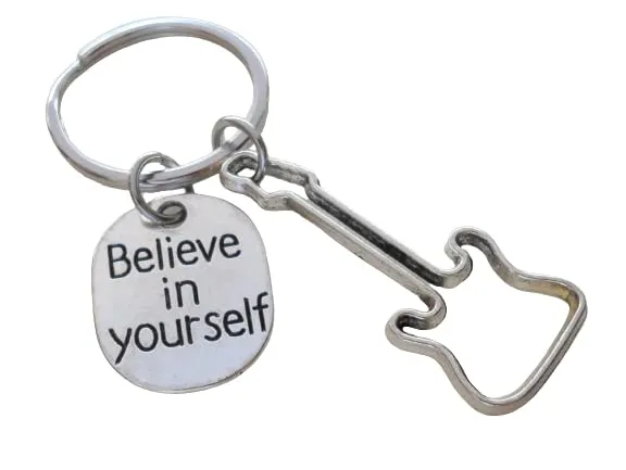 Guitar Player Charm Keychain with a Guitar Shaped Charm and Believe in Yourself Charm