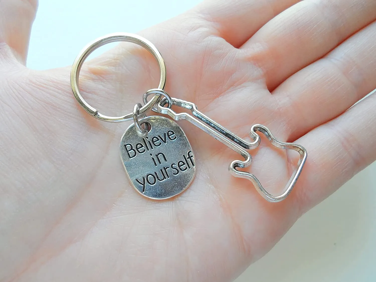 Guitar Player Charm Keychain with a Guitar Shaped Charm and Believe in Yourself Charm