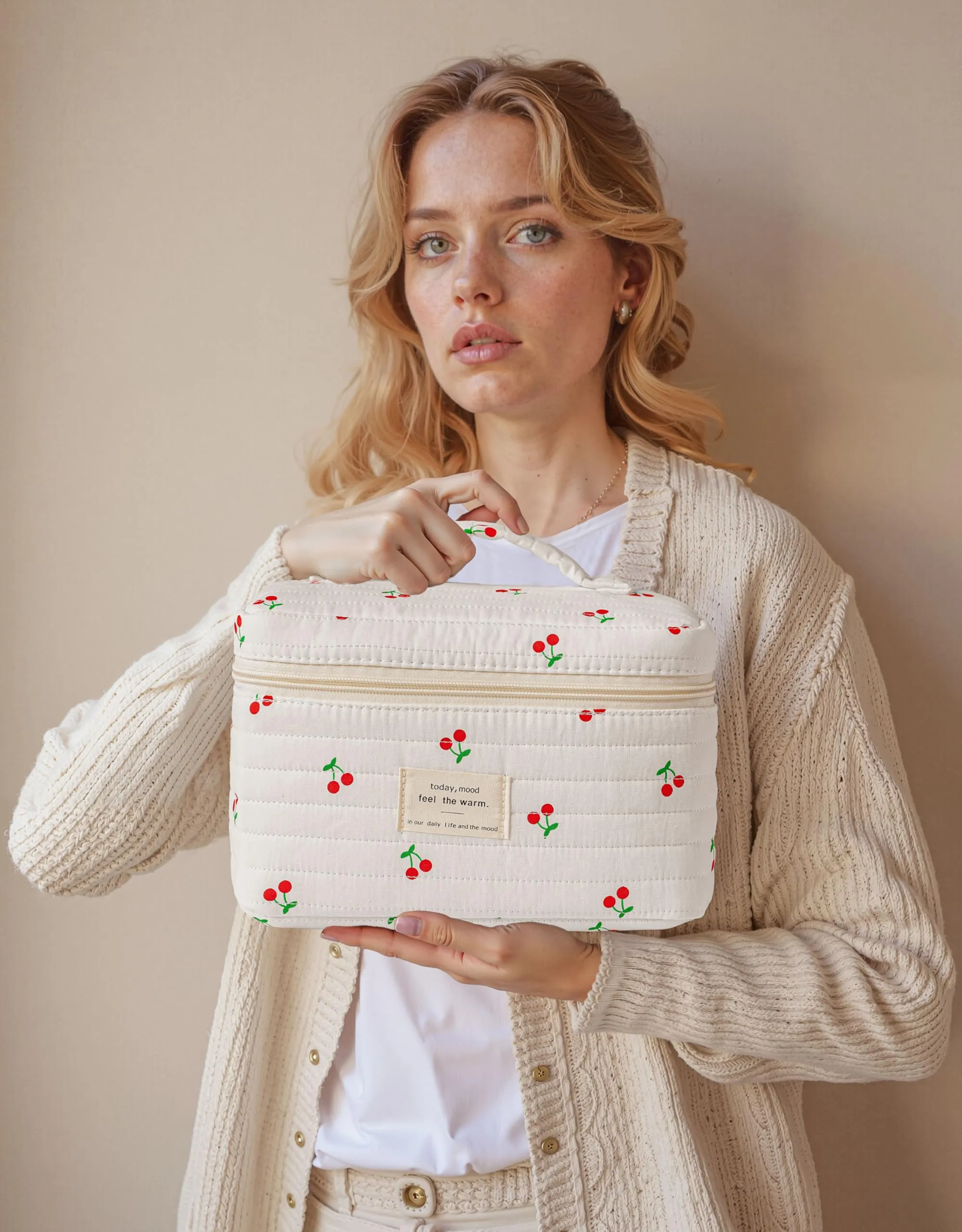 HBselect Quilted Makeup Bag, 3PCS Cotton Large Travel Makeup Bag, Cute Floral Coquette Make up Bag Cosmetic Bag Toiletry Bag for Women Girls