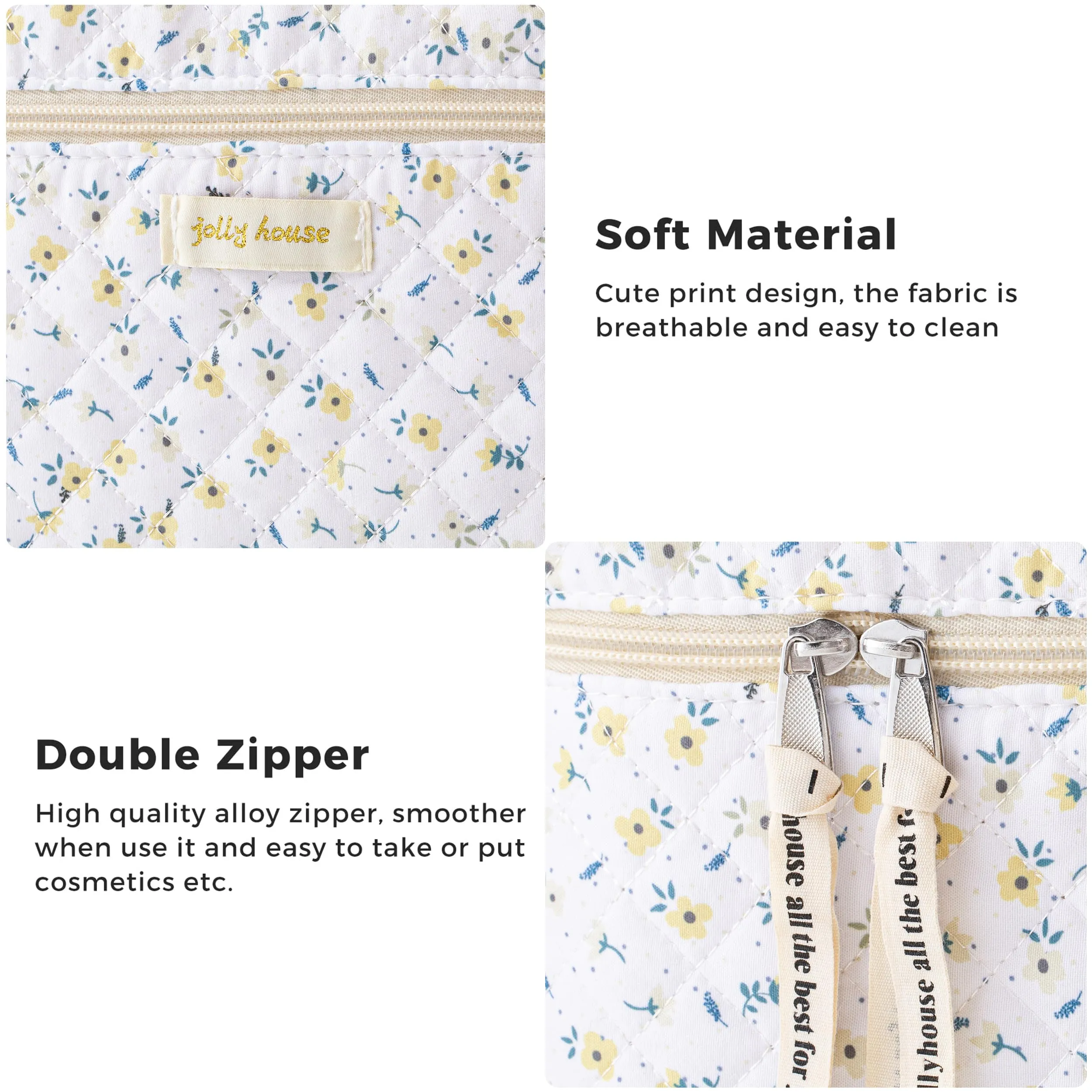 HBselect Quilted Makeup Bag, 3PCS Cotton Large Travel Makeup Bag, Cute Floral Coquette Make up Bag Cosmetic Bag Toiletry Bag for Women Girls