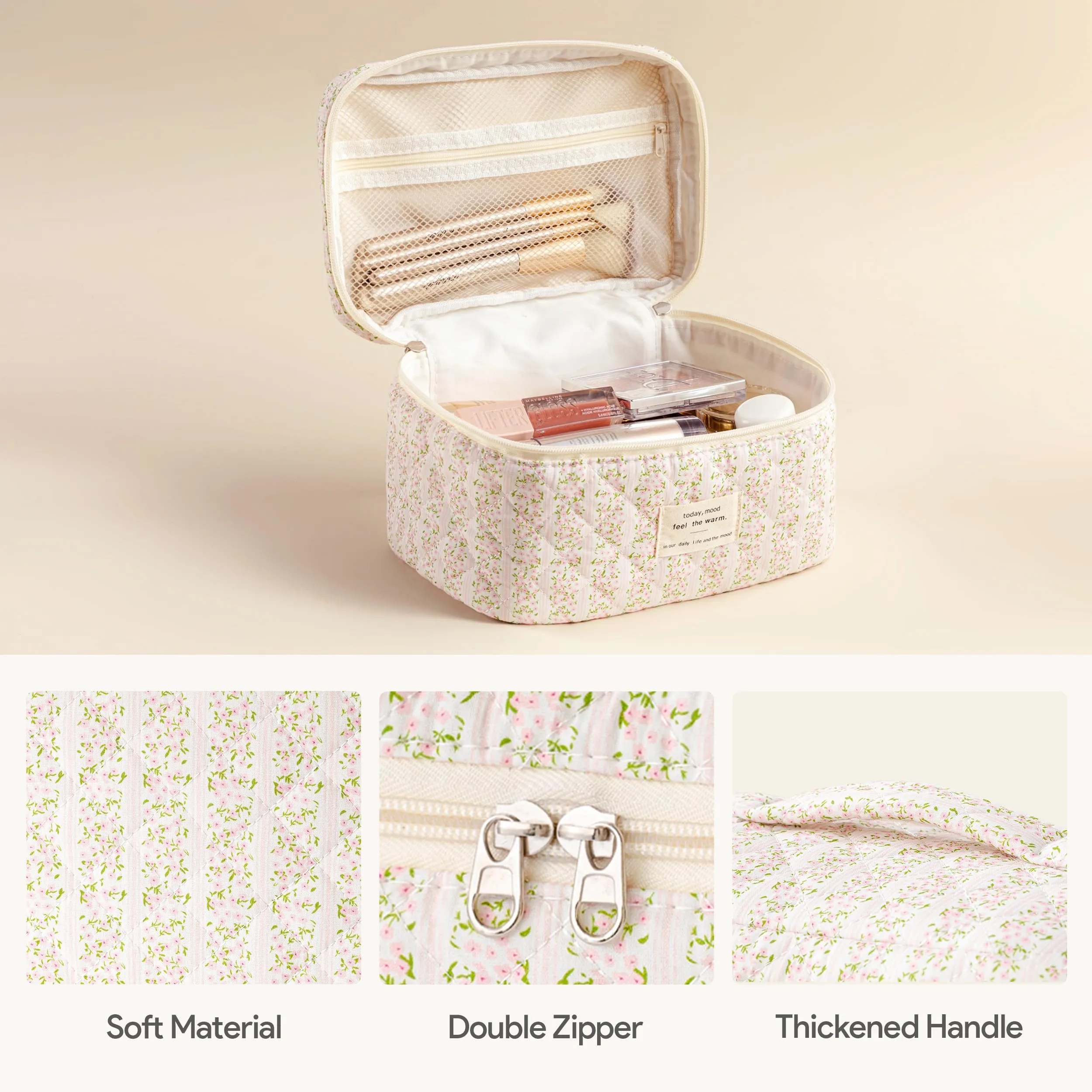 HBselect Quilted Makeup Bag, 3PCS Cotton Large Travel Makeup Bag, Cute Floral Coquette Make up Bag Cosmetic Bag Toiletry Bag for Women Girls