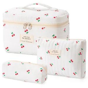 HBselect Quilted Makeup Bag, 3PCS Cotton Large Travel Makeup Bag, Cute Floral Coquette Make up Bag Cosmetic Bag Toiletry Bag for Women Girls