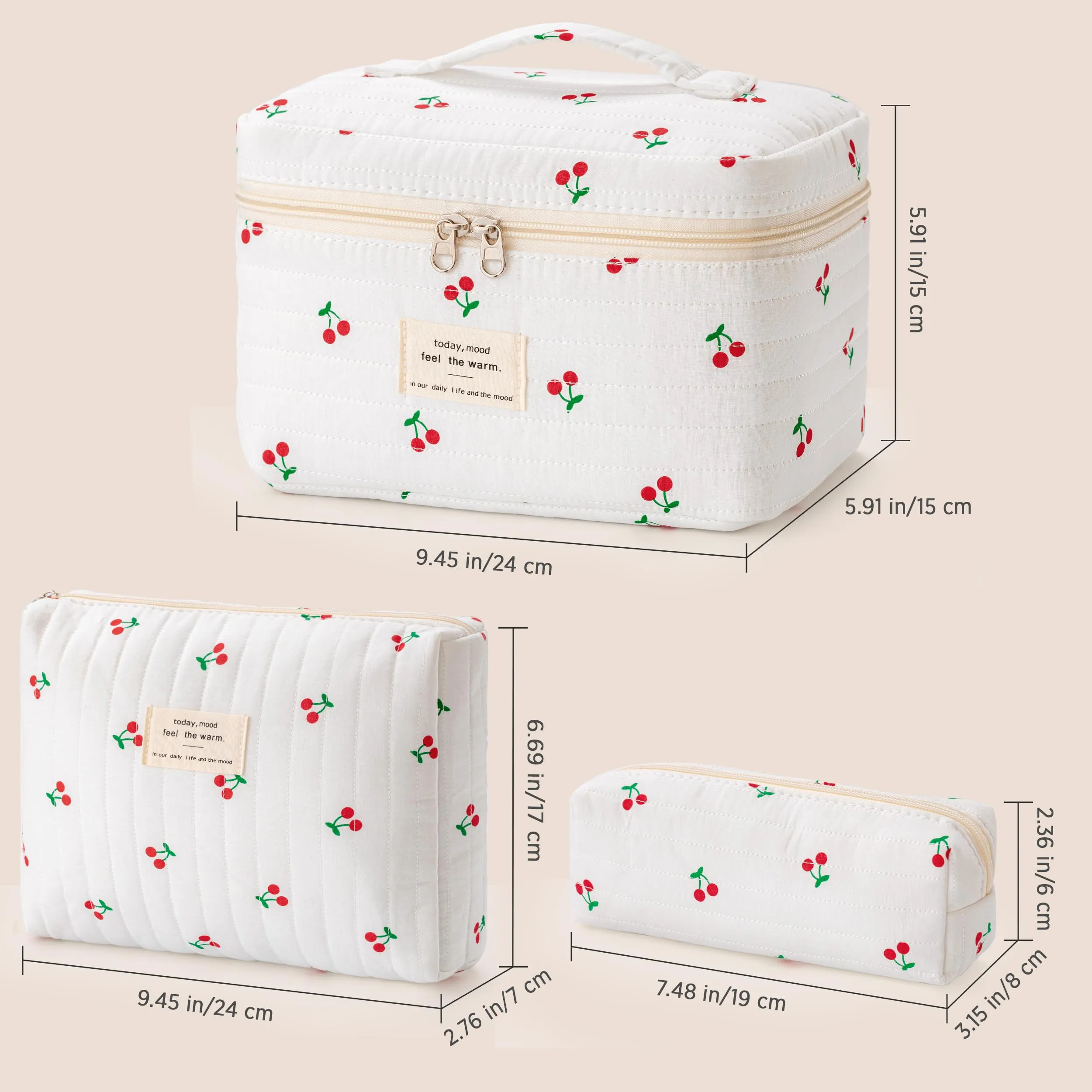 HBselect Quilted Makeup Bag, 3PCS Cotton Large Travel Makeup Bag, Cute Floral Coquette Make up Bag Cosmetic Bag Toiletry Bag for Women Girls