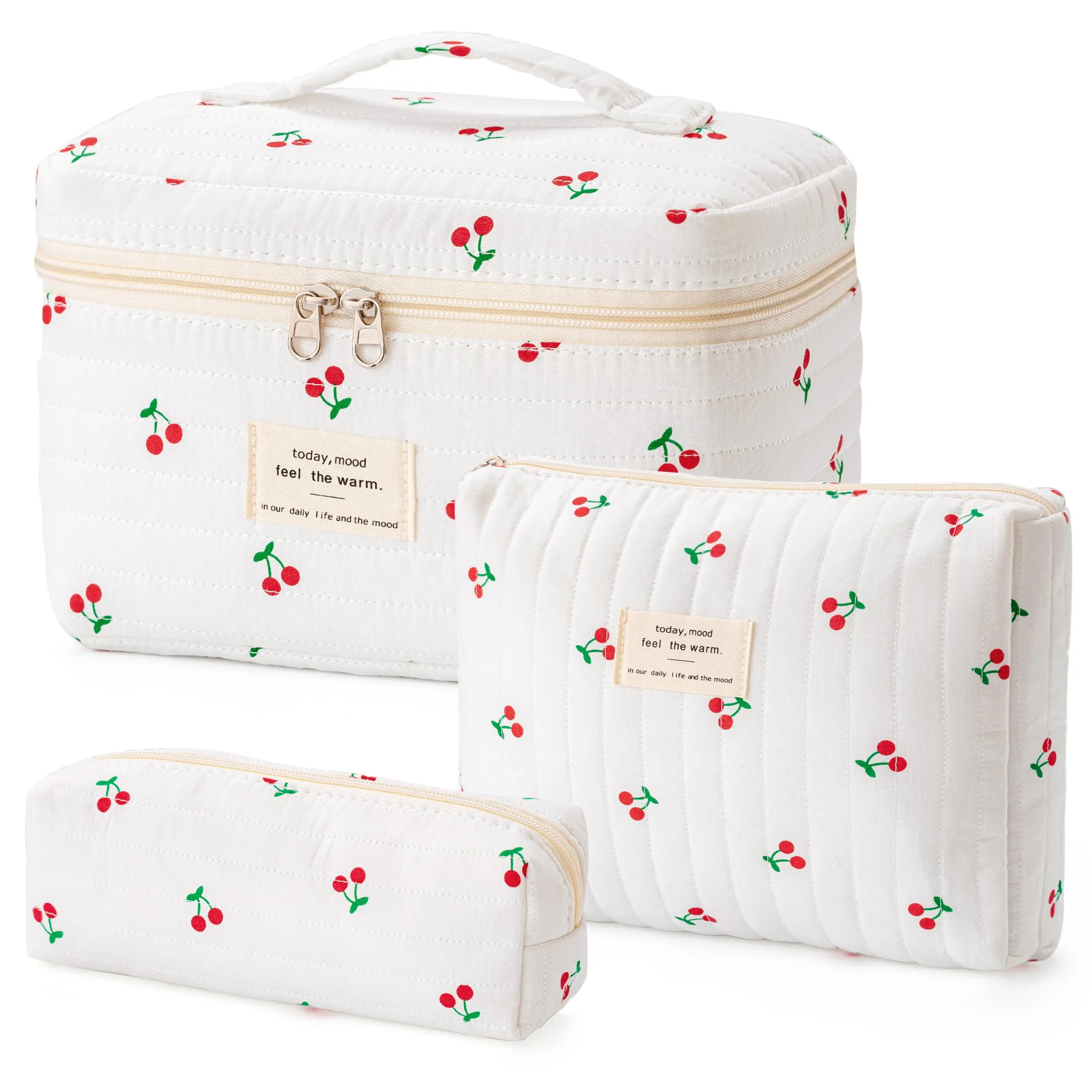 HBselect Quilted Makeup Bag, 3PCS Cotton Large Travel Makeup Bag, Cute Floral Coquette Make up Bag Cosmetic Bag Toiletry Bag for Women Girls
