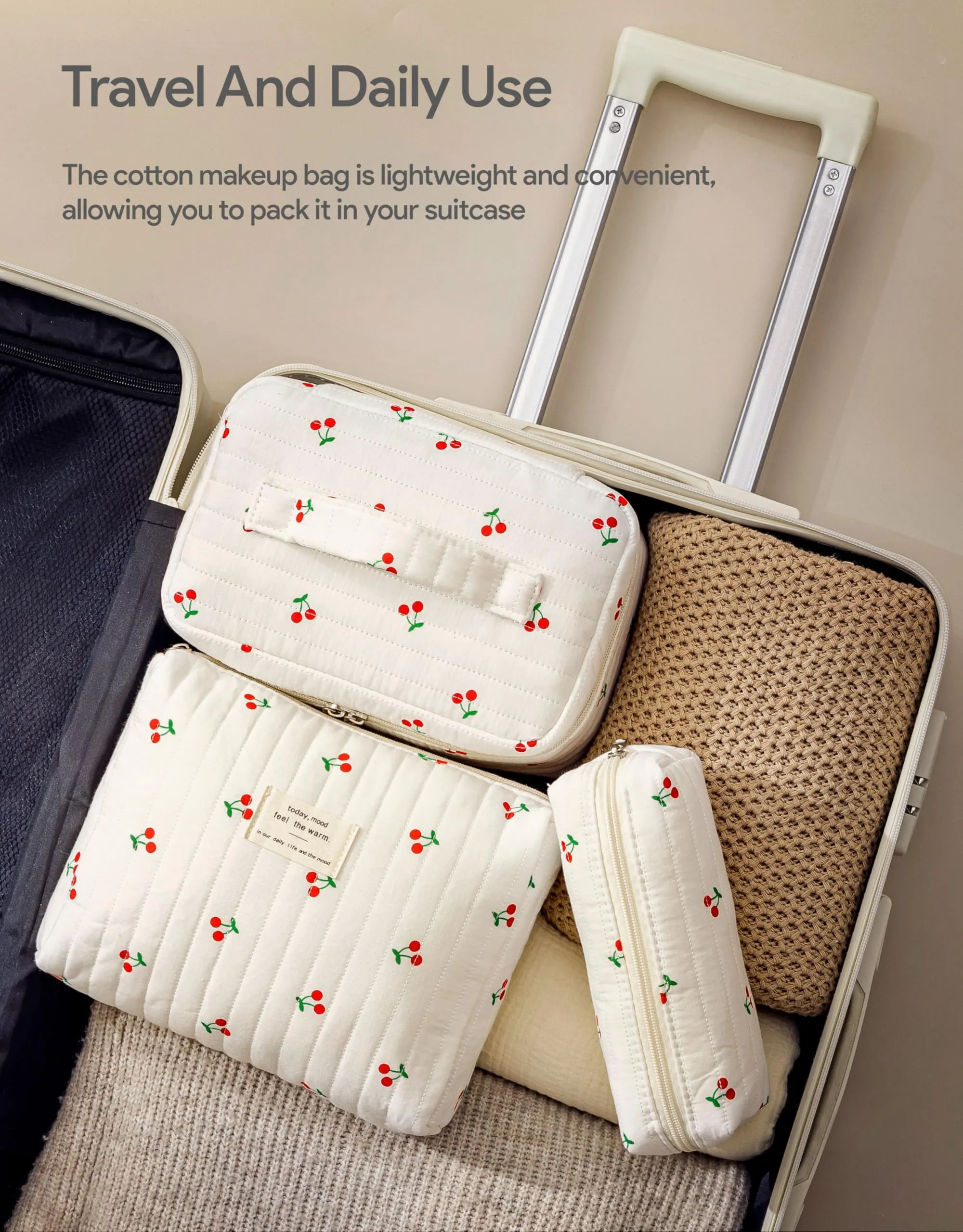 HBselect Quilted Makeup Bag, 3PCS Cotton Large Travel Makeup Bag, Cute Floral Coquette Make up Bag Cosmetic Bag Toiletry Bag for Women Girls