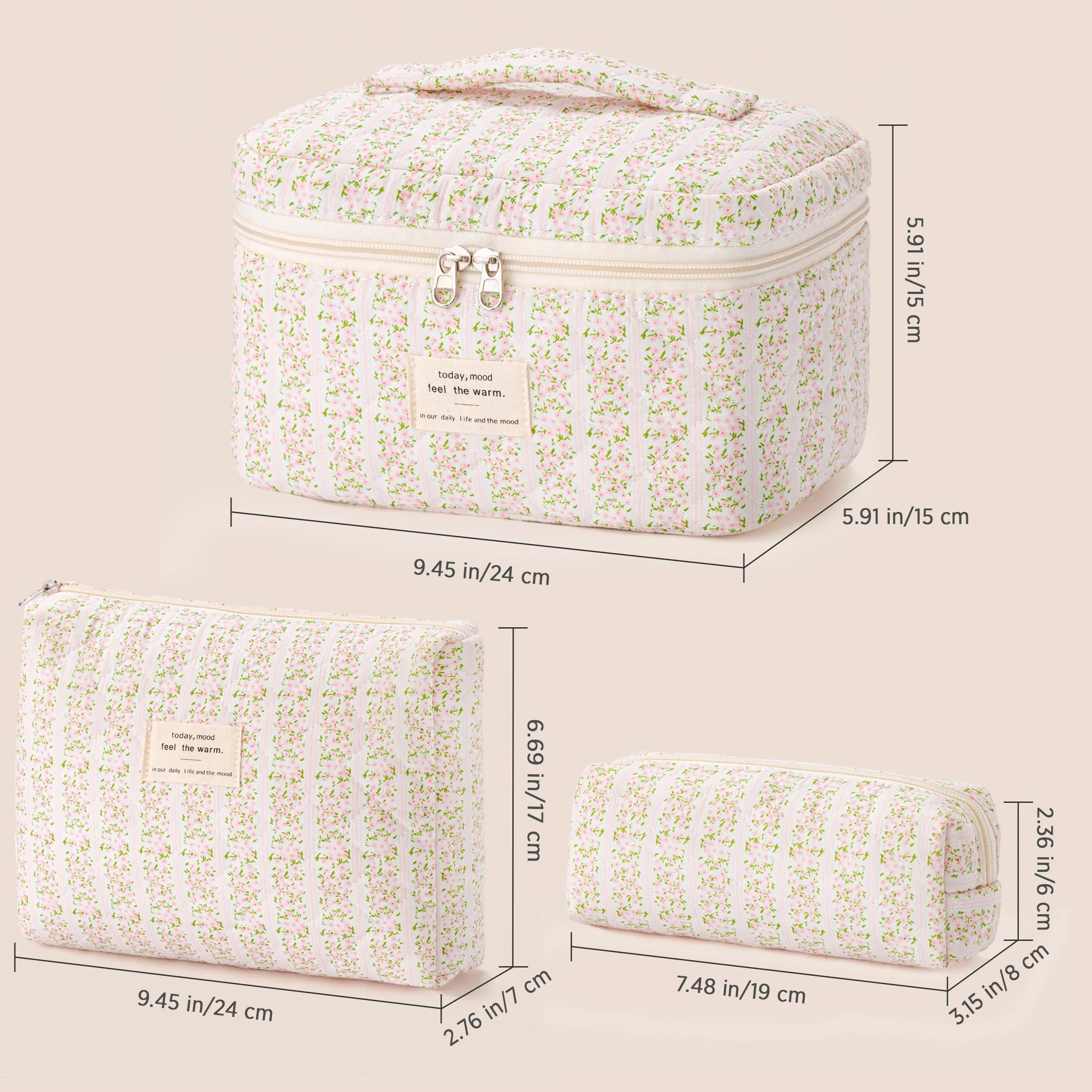 HBselect Quilted Makeup Bag, 3PCS Cotton Large Travel Makeup Bag, Cute Floral Coquette Make up Bag Cosmetic Bag Toiletry Bag for Women Girls