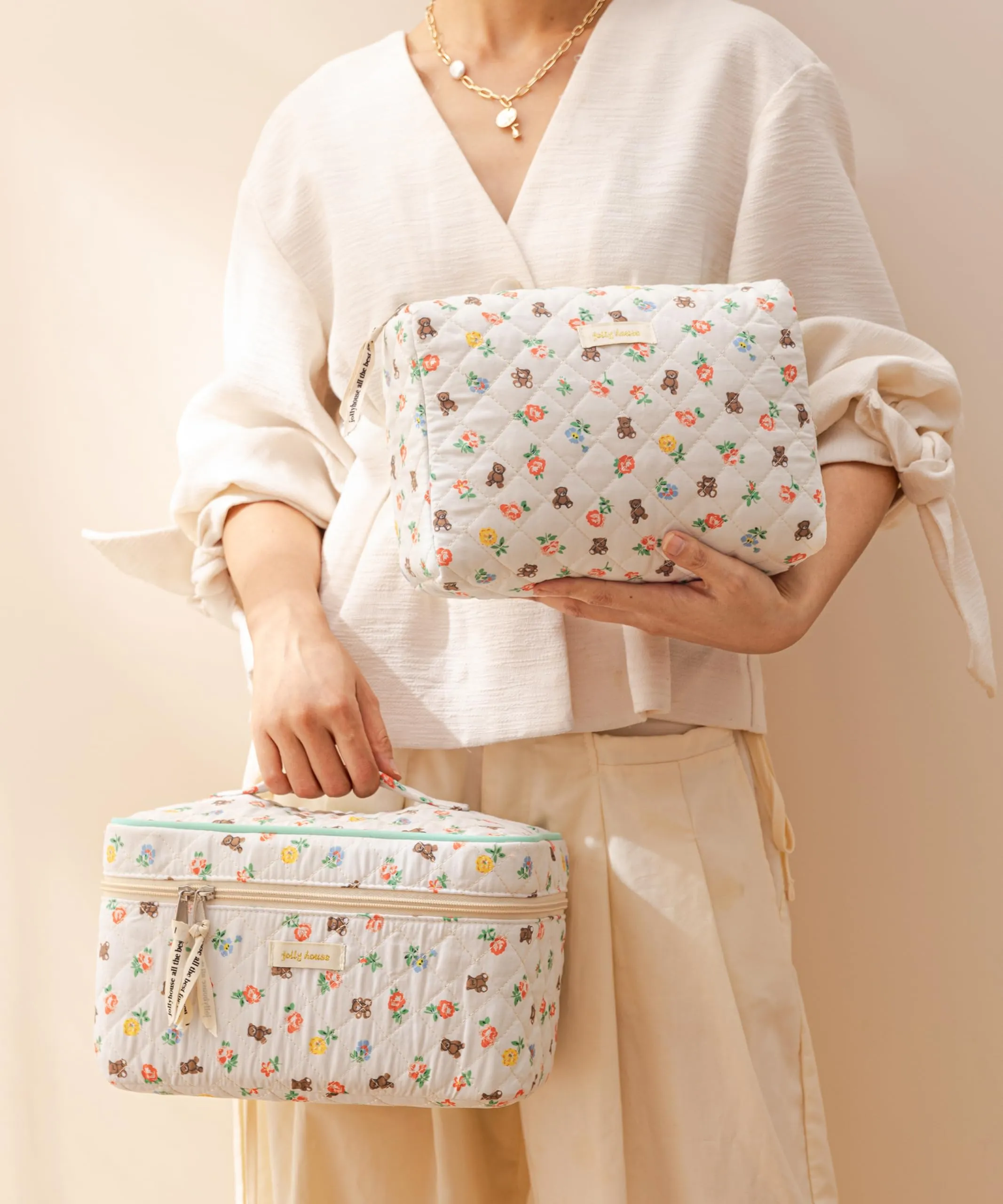 HBselect Quilted Makeup Bag, 3PCS Cotton Large Travel Makeup Bag, Cute Floral Coquette Make up Bag Cosmetic Bag Toiletry Bag for Women Girls