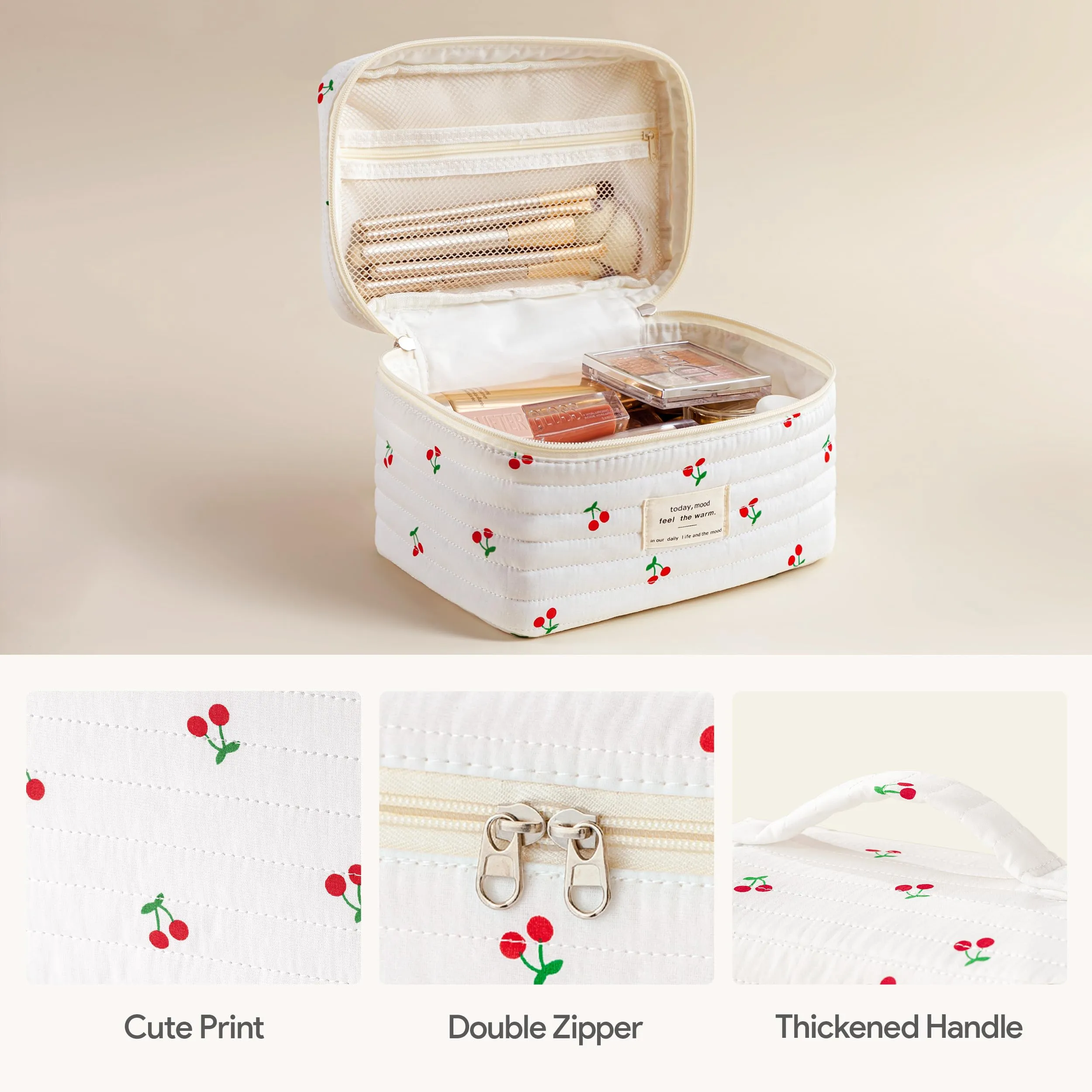 HBselect Quilted Makeup Bag, 3PCS Cotton Large Travel Makeup Bag, Cute Floral Coquette Make up Bag Cosmetic Bag Toiletry Bag for Women Girls