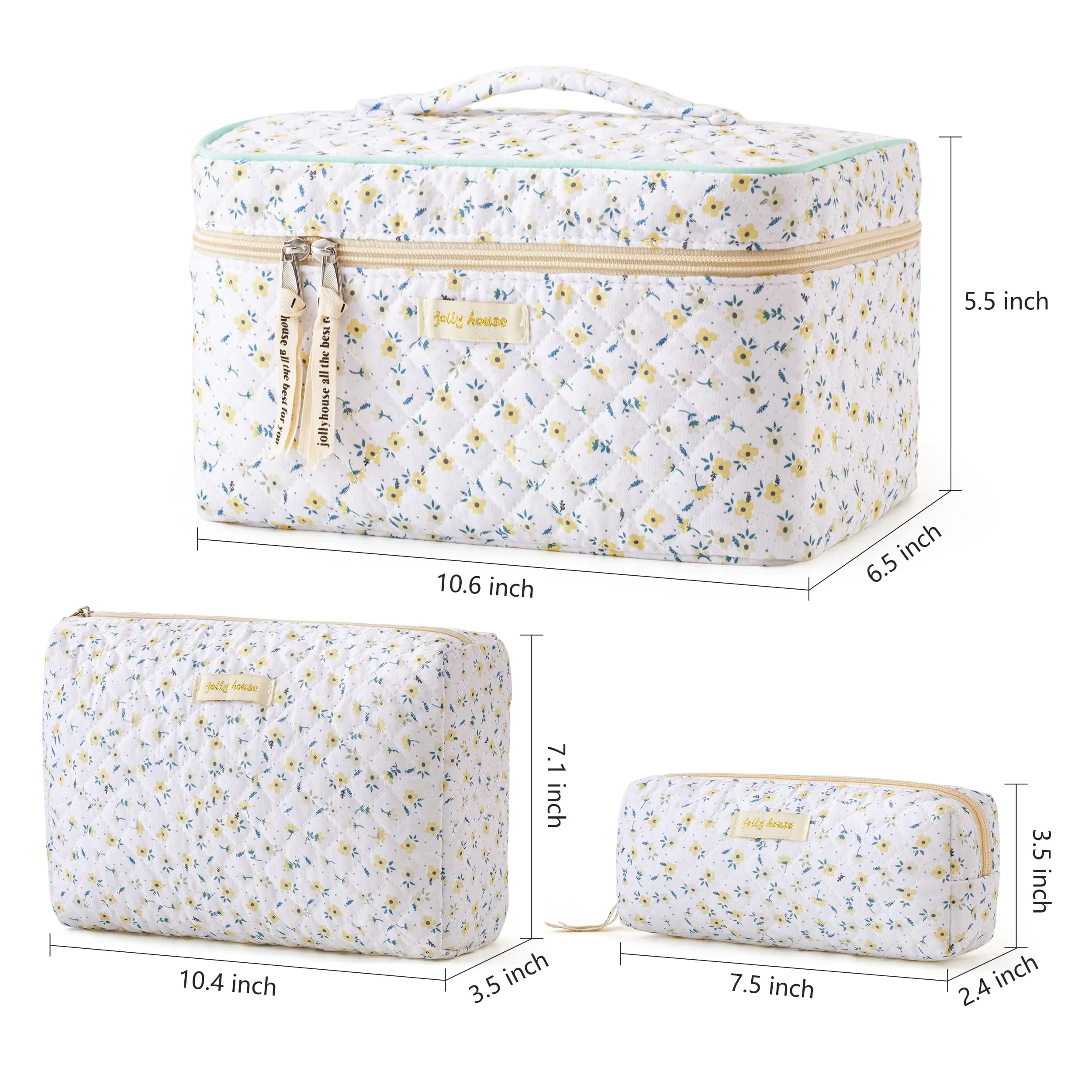 HBselect Quilted Makeup Bag, 3PCS Cotton Large Travel Makeup Bag, Cute Floral Coquette Make up Bag Cosmetic Bag Toiletry Bag for Women Girls