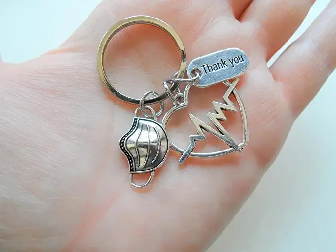 Heartbeat Medical Charm Keychain with Mask Charm, Doctor Office or Hospital Staff Thank you Keychain