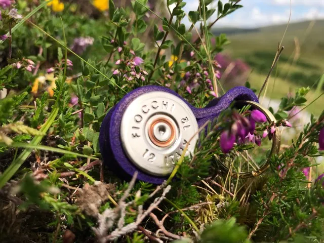Heather Shotgun Cartridge Key Ring With Leather Strap by J Boult Designs
