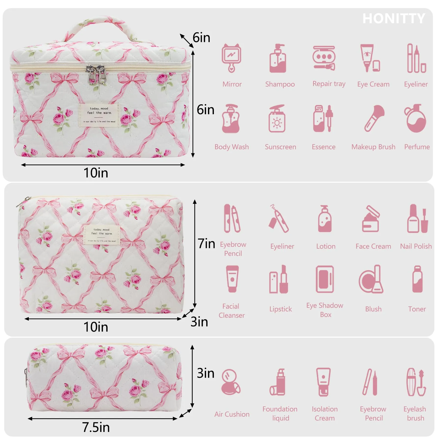 honitty Makeup Bag,Quilted Cosmetic Bag,Large Floral Make Up Bag for Women,Cotton Makeup Bag Set,Flower Travel Toiletry Bag
