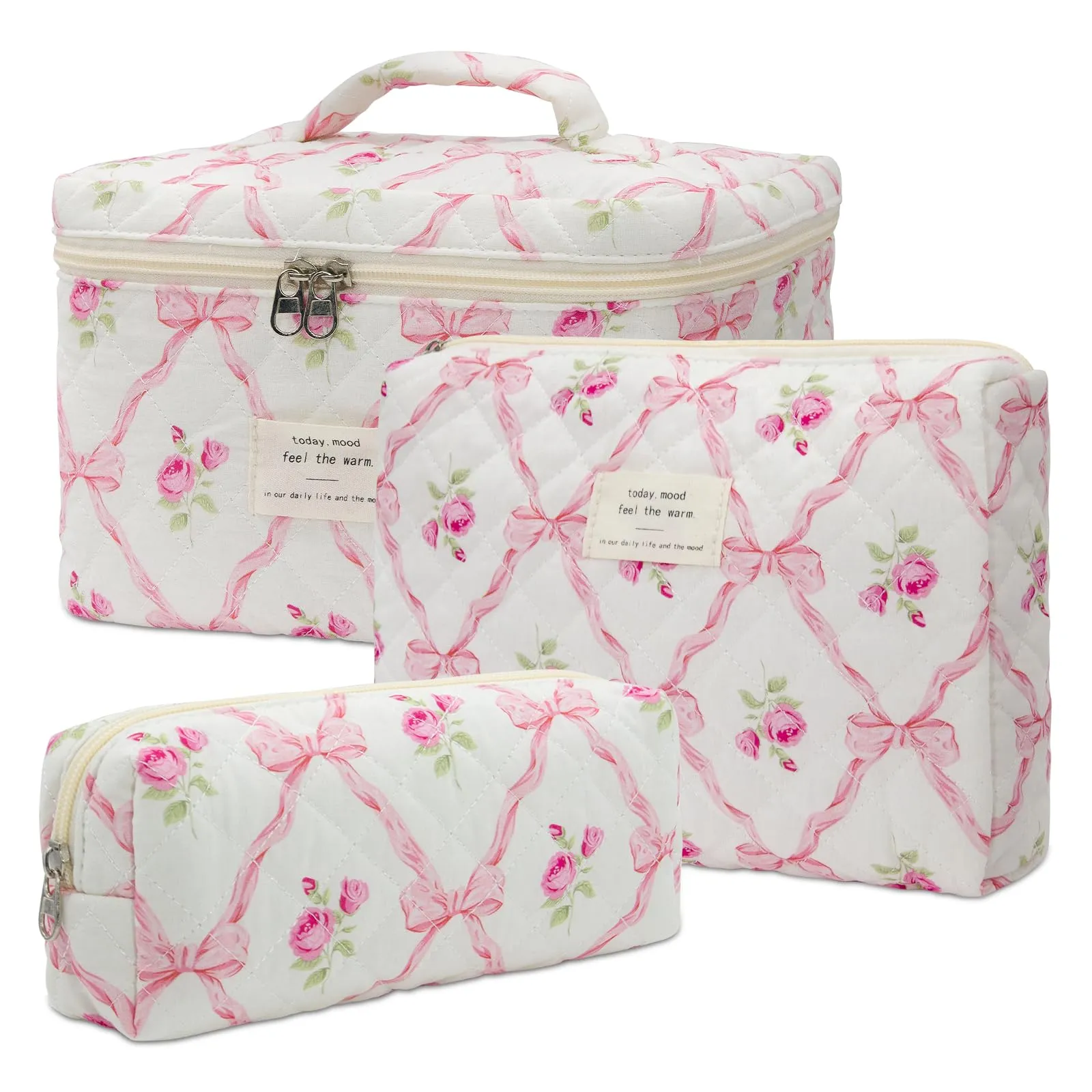 honitty Makeup Bag,Quilted Cosmetic Bag,Large Floral Make Up Bag for Women,Cotton Makeup Bag Set,Flower Travel Toiletry Bag