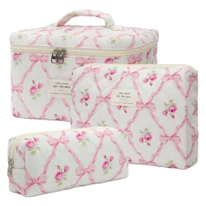 honitty Makeup Bag,Quilted Cosmetic Bag,Large Floral Make Up Bag for Women,Cotton Makeup Bag Set,Flower Travel Toiletry Bag