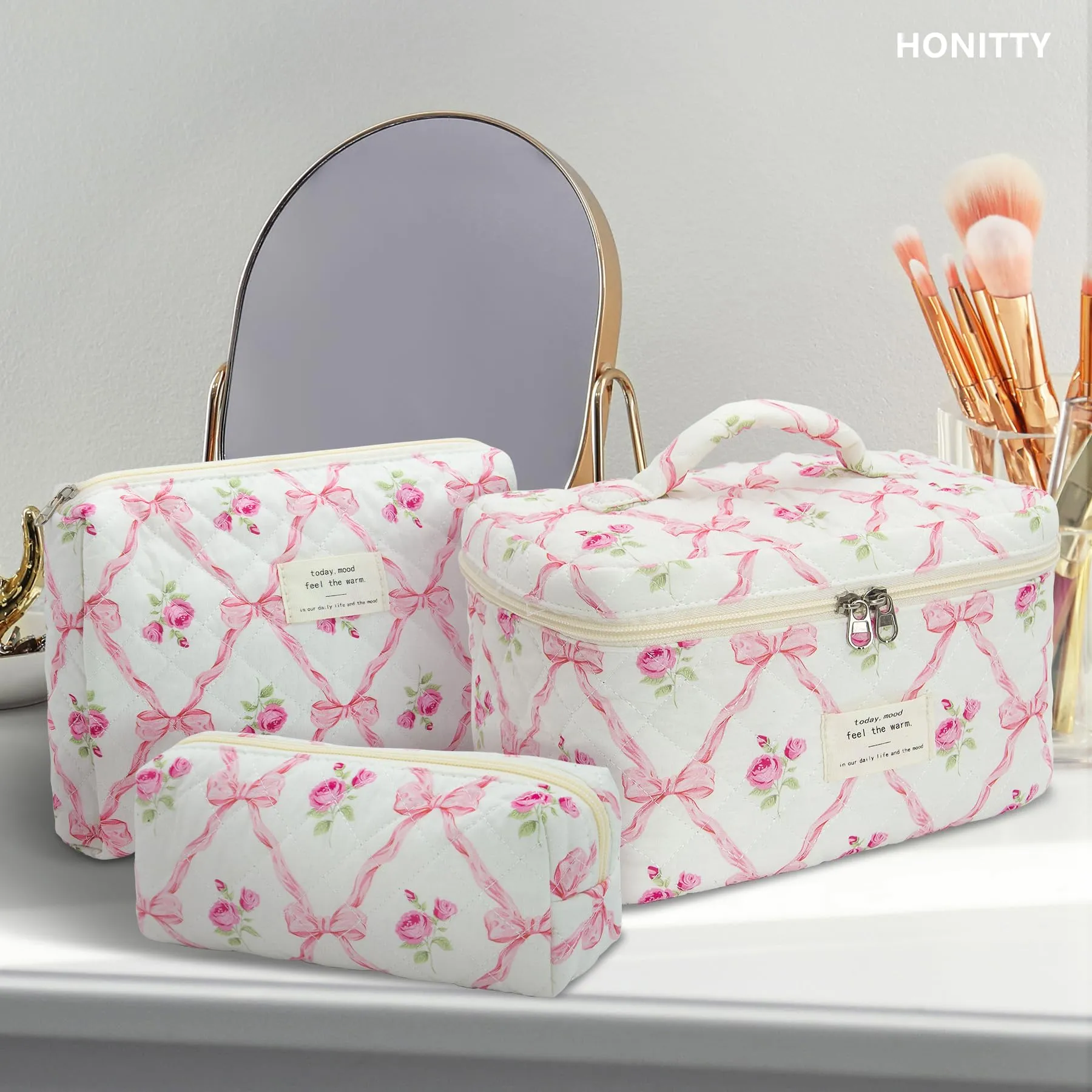 honitty Makeup Bag,Quilted Cosmetic Bag,Large Floral Make Up Bag for Women,Cotton Makeup Bag Set,Flower Travel Toiletry Bag