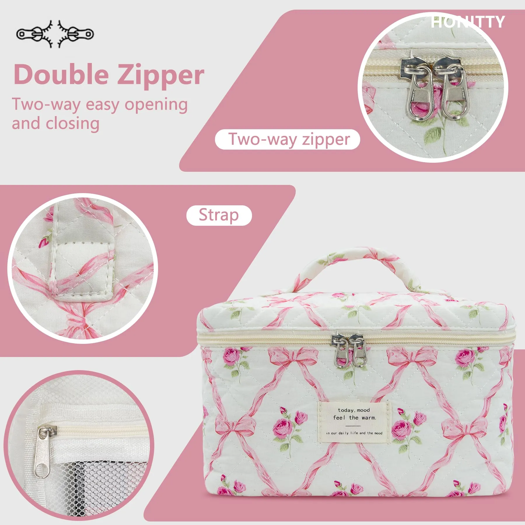 honitty Makeup Bag,Quilted Cosmetic Bag,Large Floral Make Up Bag for Women,Cotton Makeup Bag Set,Flower Travel Toiletry Bag